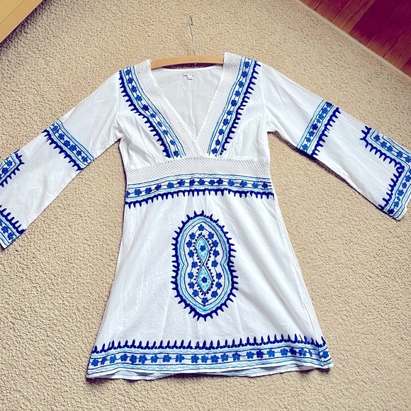 Debbie Katz Soraya Cotton Tunic Swim Cover Up | Blue and White | Size: XS - Picture 2 of 5